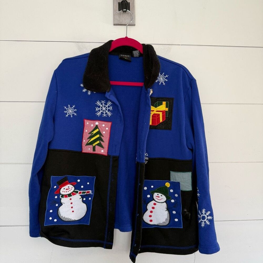 Onque Casuals Women’s Large Snowman Vintage Zip Up Jacket Cardigan
